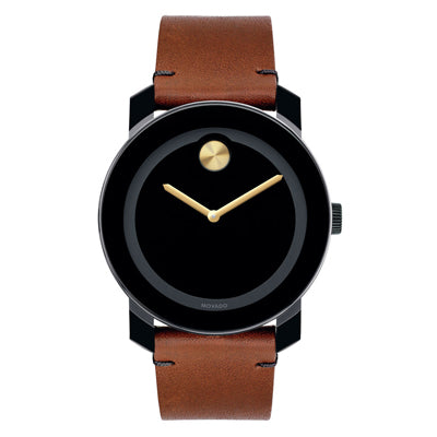 Movado Bold Mens Watch with Black Dial and Brown Leather Strap (swiss quartz movement)