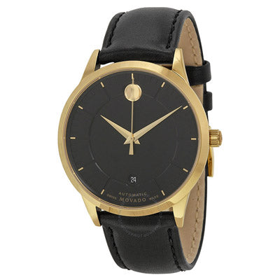 Estate Movado 1881 Automatic Mens Watch with Gold Dial and Black Leather Bracelet (automatic movement)