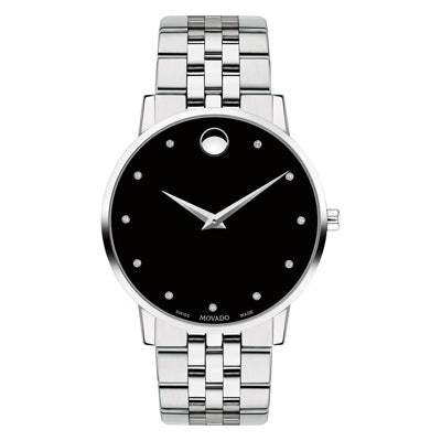 Movado Musuem Classic Mens Diamond Watch with Black Dial and Stainless Steel Bracelet (Swiss quartz movement)