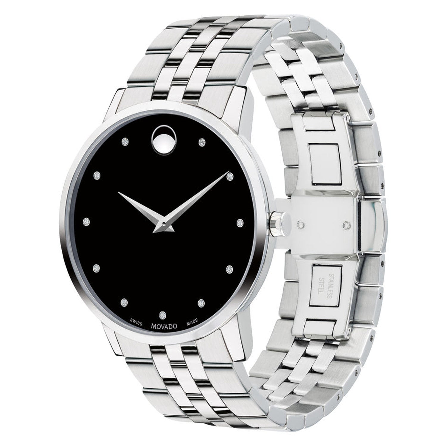 Movado Musuem Classic Mens Diamond Watch with Black Dial and Stainless Steel Bracelet (Swiss quartz movement)