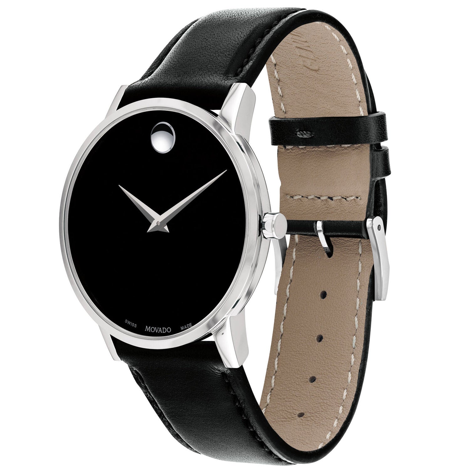 Movado Museum Classic Mens Watch with Black Dial and Black Leather Strap (Swiss quartz movement)