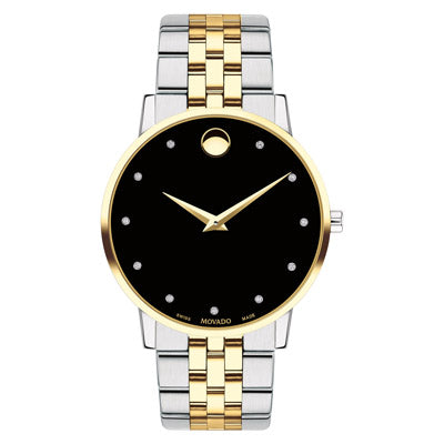 Movado Museum Classic Mens Diamond Watch with Black Dial and Stainless Steel and Yellow Gold Toned Bracelet (Swiss quartz movement)