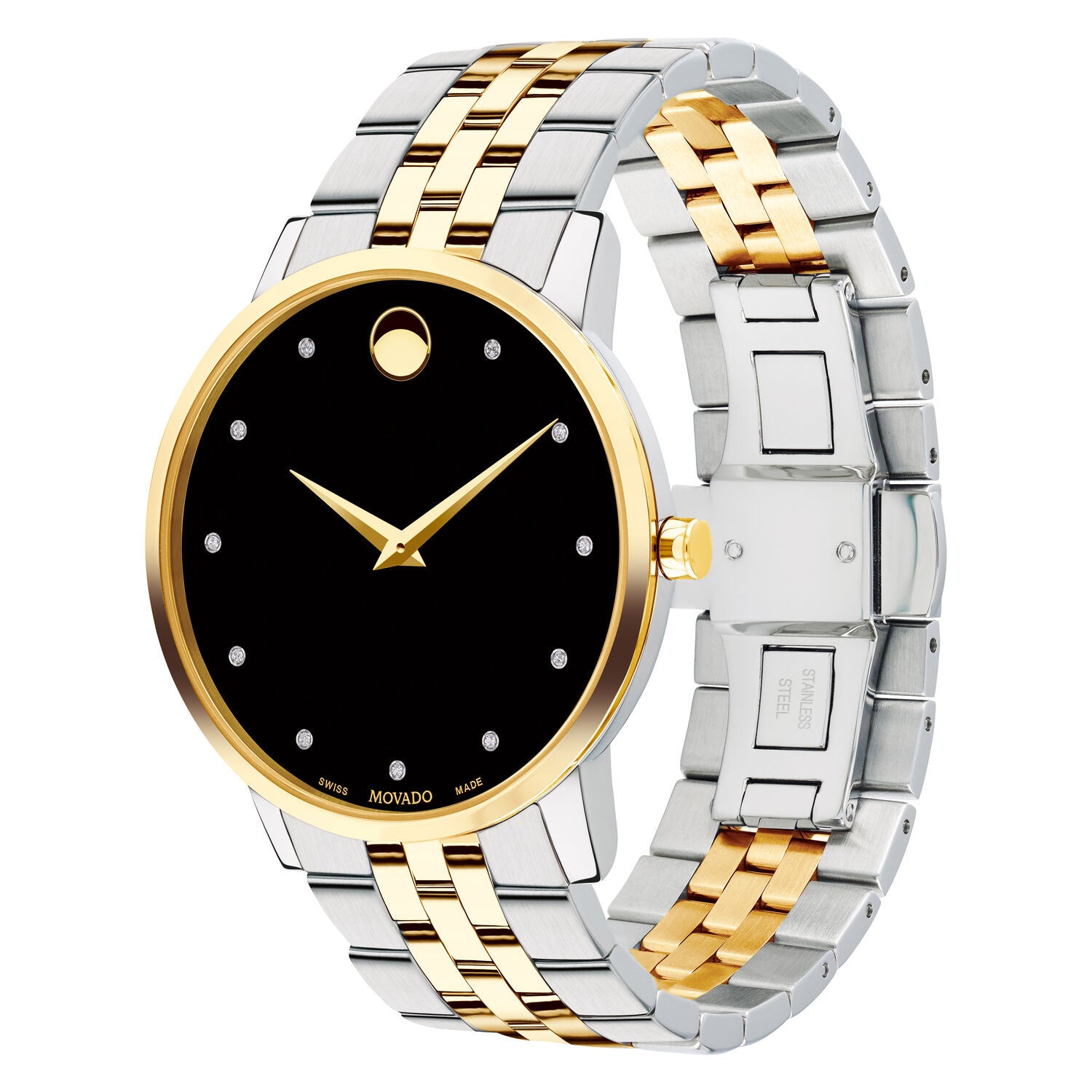 Movado Museum Classic Mens Diamond Watch with Black Dial and Stainless Steel and Yellow Gold Toned Bracelet (Swiss quartz movement)