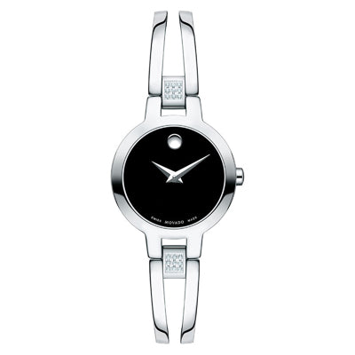 Movado Amorosa Womens Diamond Watch with Black Dial and Stainless Steel Bangle Bracelet (Swiss quartz movement)