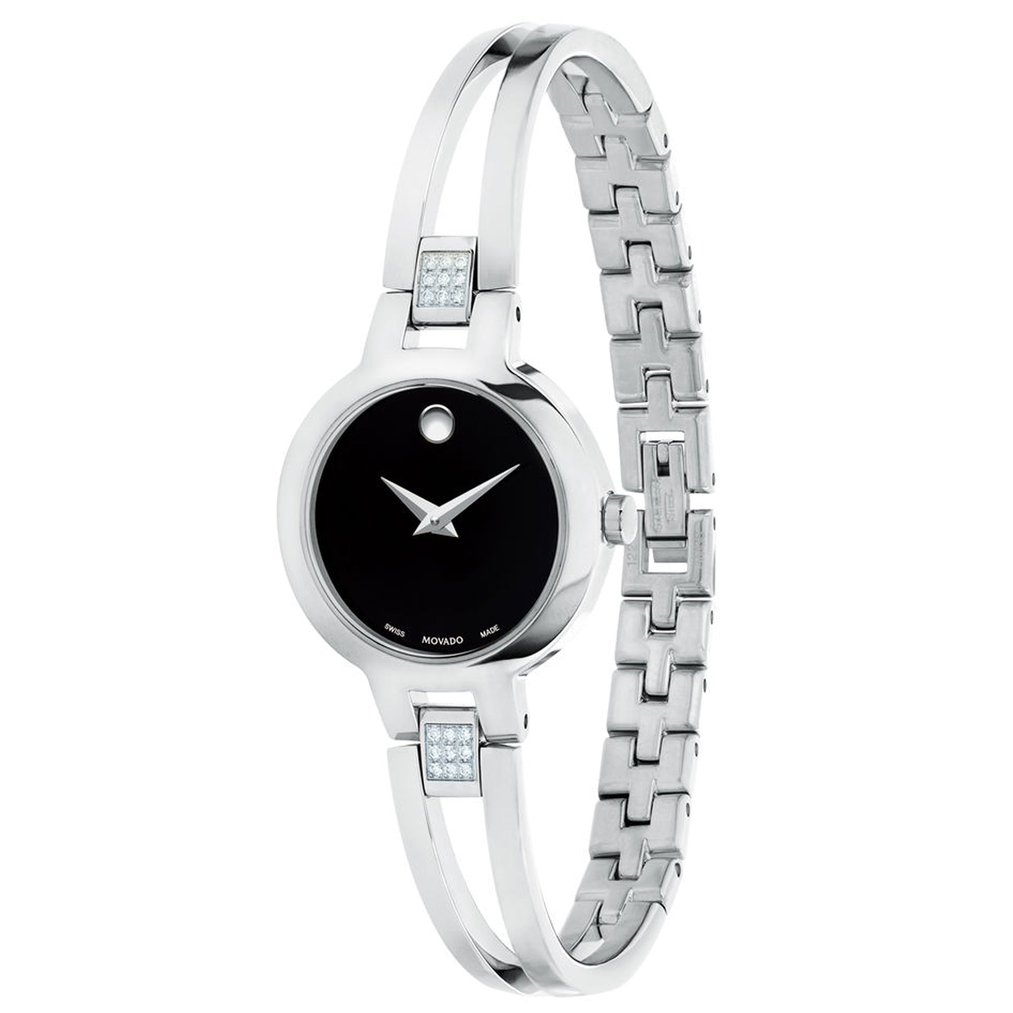 Movado Amorosa Womens Diamond Watch with Black Dial and Stainless Steel Bangle Bracelet (Swiss quartz movement)