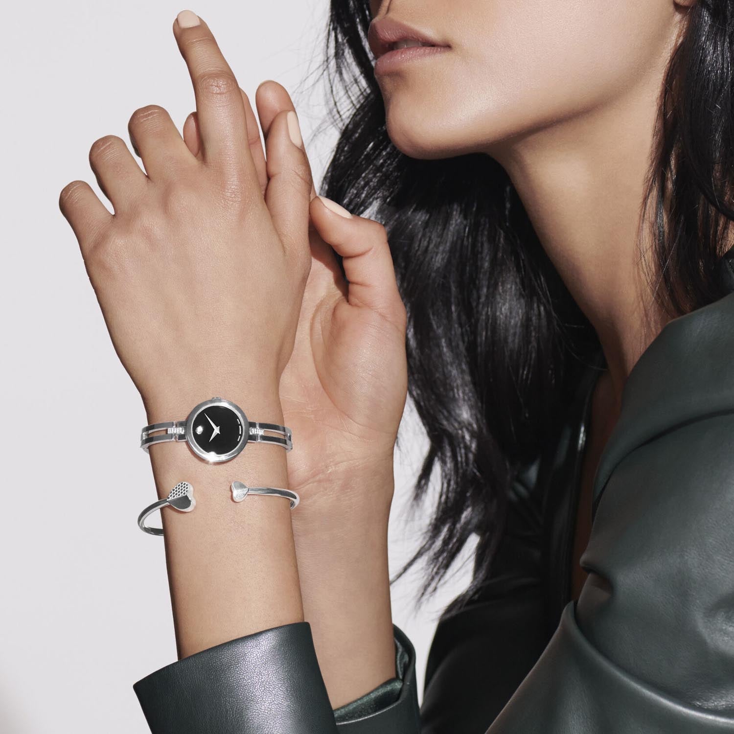 Movado Esperanza Womens Diamond Watch with Black Dial and Stainless Steel Bangle Bracelet (Swiss quartz movement)
