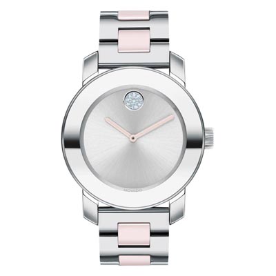 Movado Bold Womens Watch with Gray Dial and Stainless Steel and Pink Ceramic Bracelet (Swiss quartz movement)