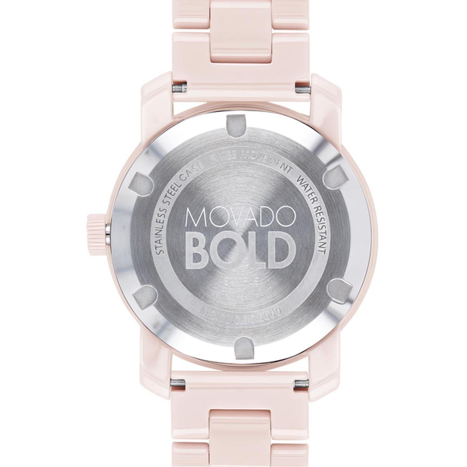 Movado Bold Womens Watch with Pink Dial and Pink Ceramic Bracelet (Swiss quartz movement)