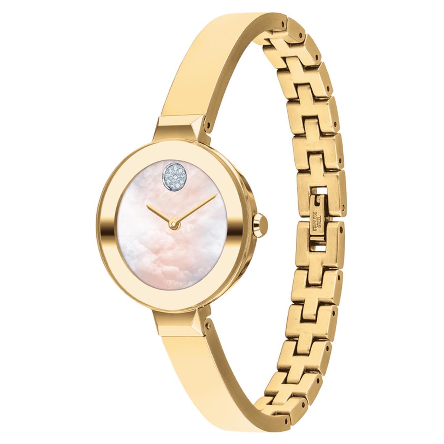 Movado Bold Womens Watch with Mother of Pearl Dial and Yellow Ion Plated Bracelet (Swiss quartz movement)