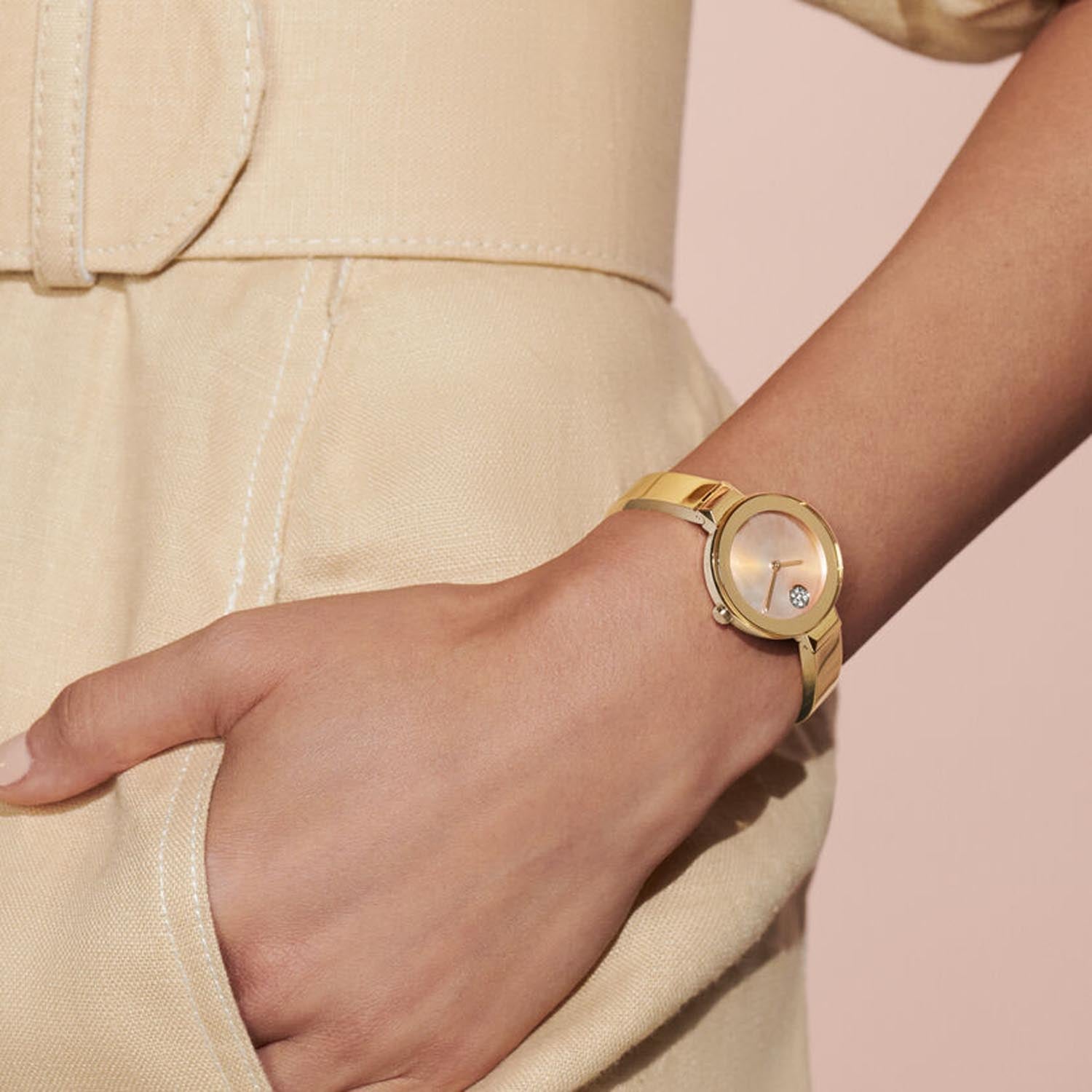 Movado Bold Womens Watch with Mother of Pearl Dial and Yellow Ion Plated Bracelet (Swiss quartz movement)