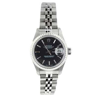 Pre Owned Rolex Womens Oyster Perpetual Datejust with Black Dial and 18kt White Gold Fluted Bezel and Stainless Steel Jubilee Bracelet (automatic movement)