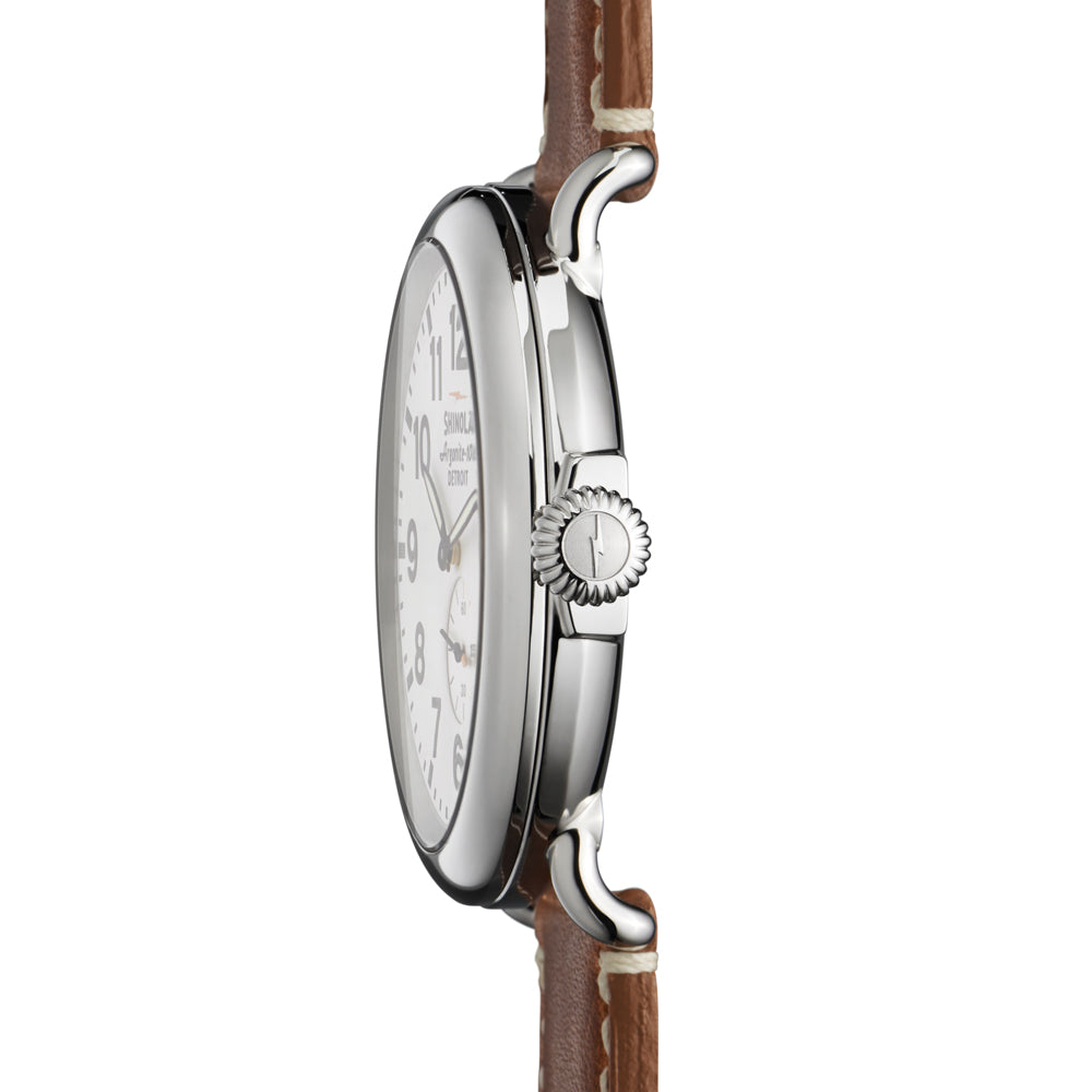 Shinola Mens Runwell Watch with White Dial and Tan Leather Strap (quartz movement)