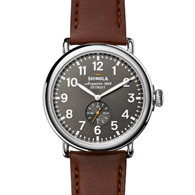 Shinola Runwell Mens Watch with Gray Dial and Brown Leather Strap (quartz movement)