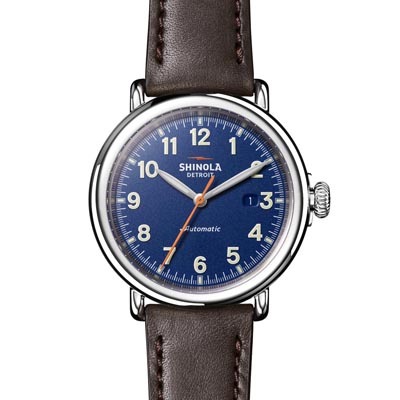 Shinola Runwell Automatic Mens Watch with Blue Dial and Brown Leather Strap (automatic movement)
