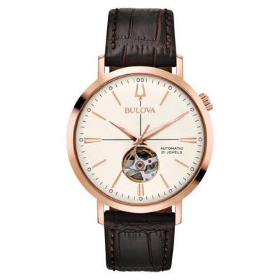 Bulova Aerojet Automatic Mens Watch with White Dial and Brown Leather Strap (automatic movement)