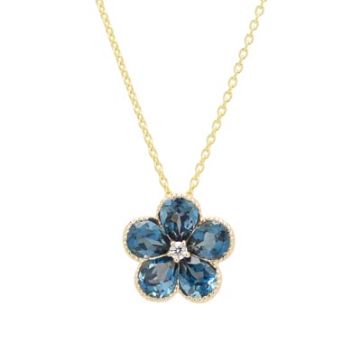 Madison L London Blue Topaz Flower Necklace in 14kt Yellow Gold with Diamond (.01ct)