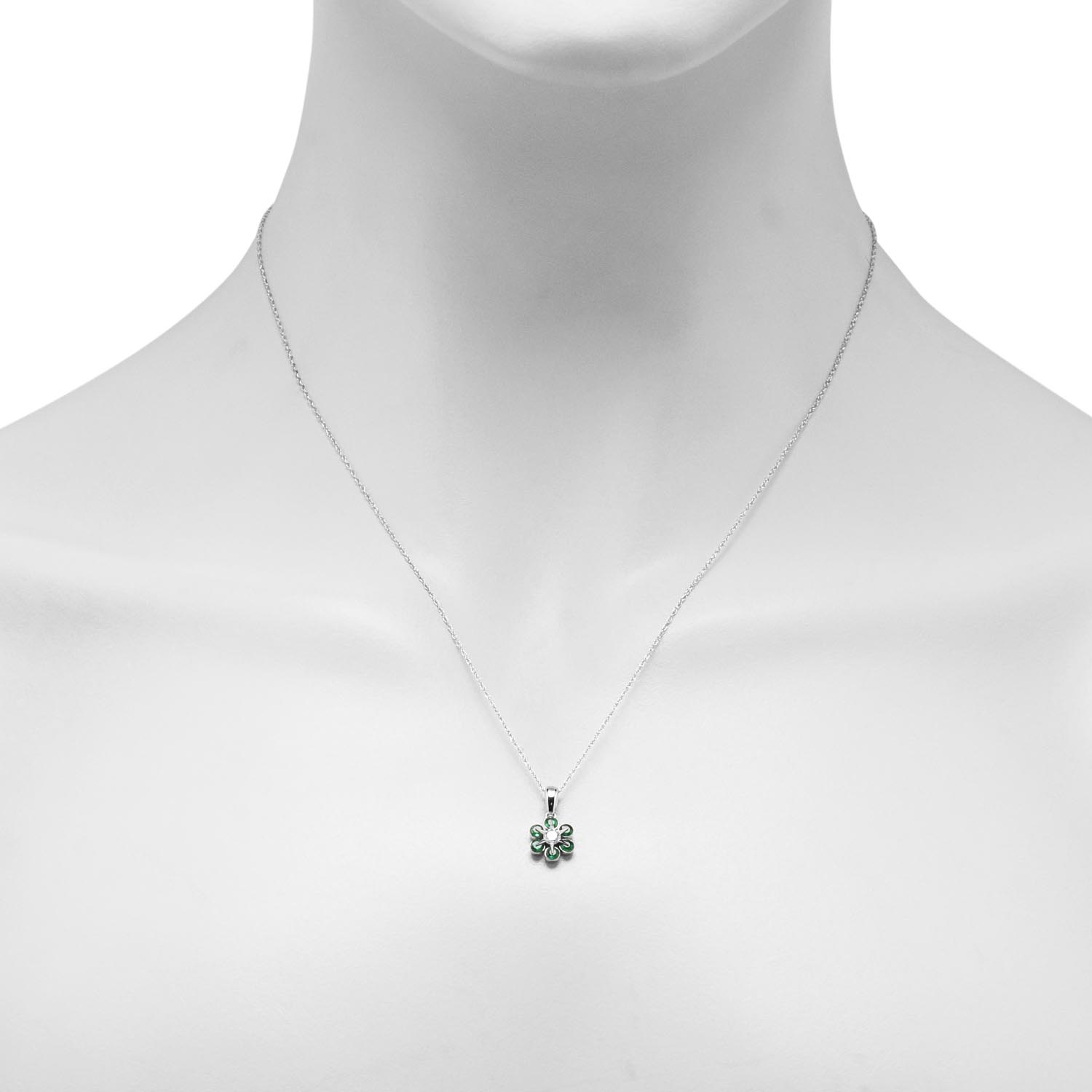 Emerald Flower Necklace in 14kt White Gold with Diamond (1/10ct)