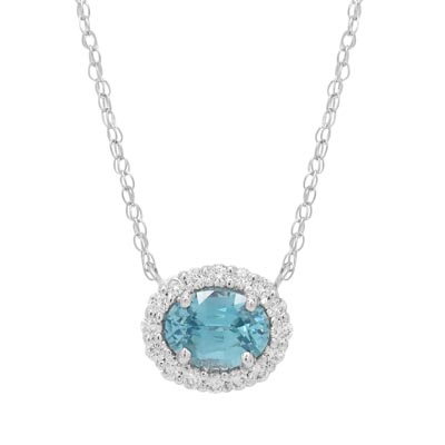 Oval Blue Zircon Halo Necklace in 14kt White Gold with Diamonds (1/3ct tw)