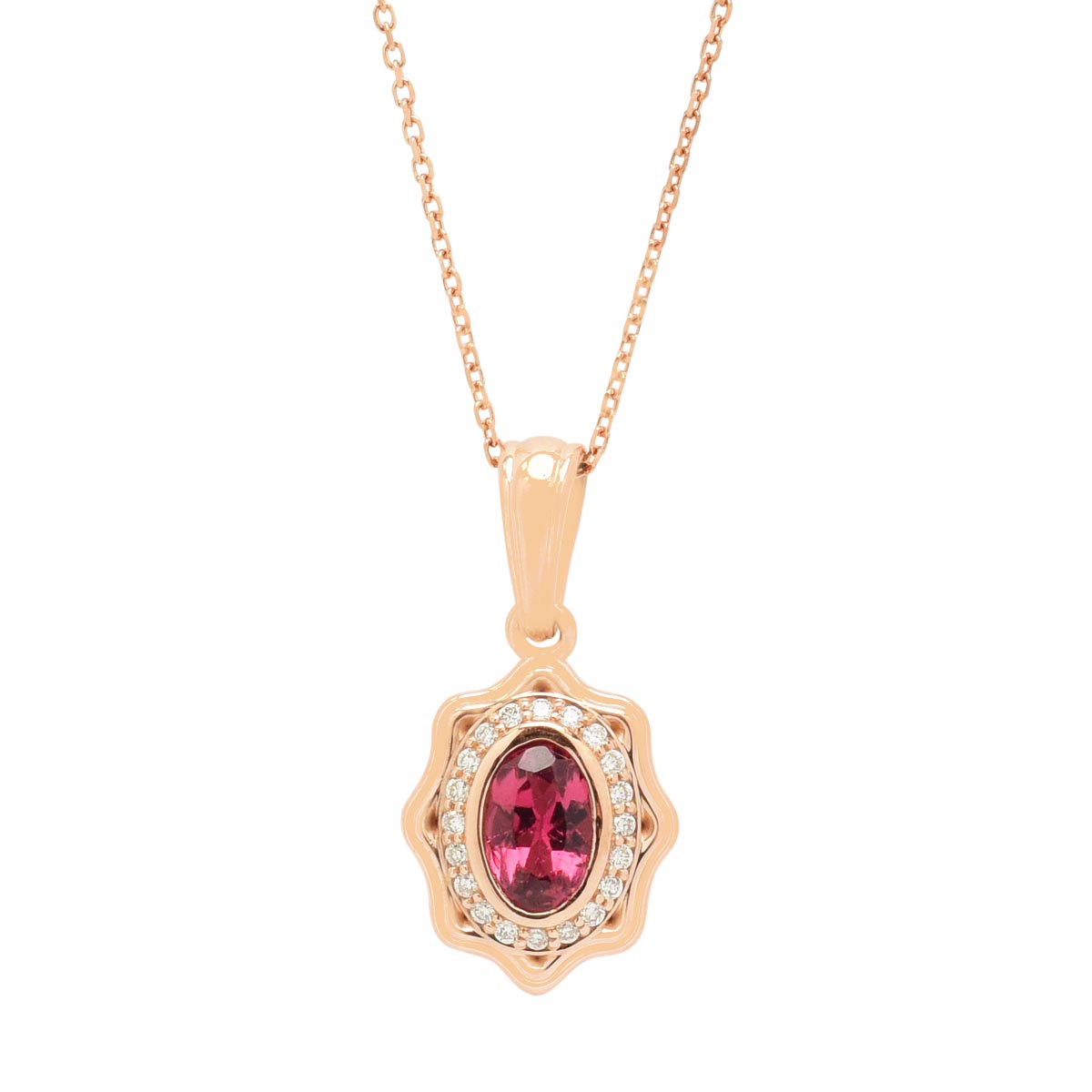 Maine Pink Tourmaline Oval Halo Necklace in 14kt Rose Gold with Diamonds (1/20ct tw)