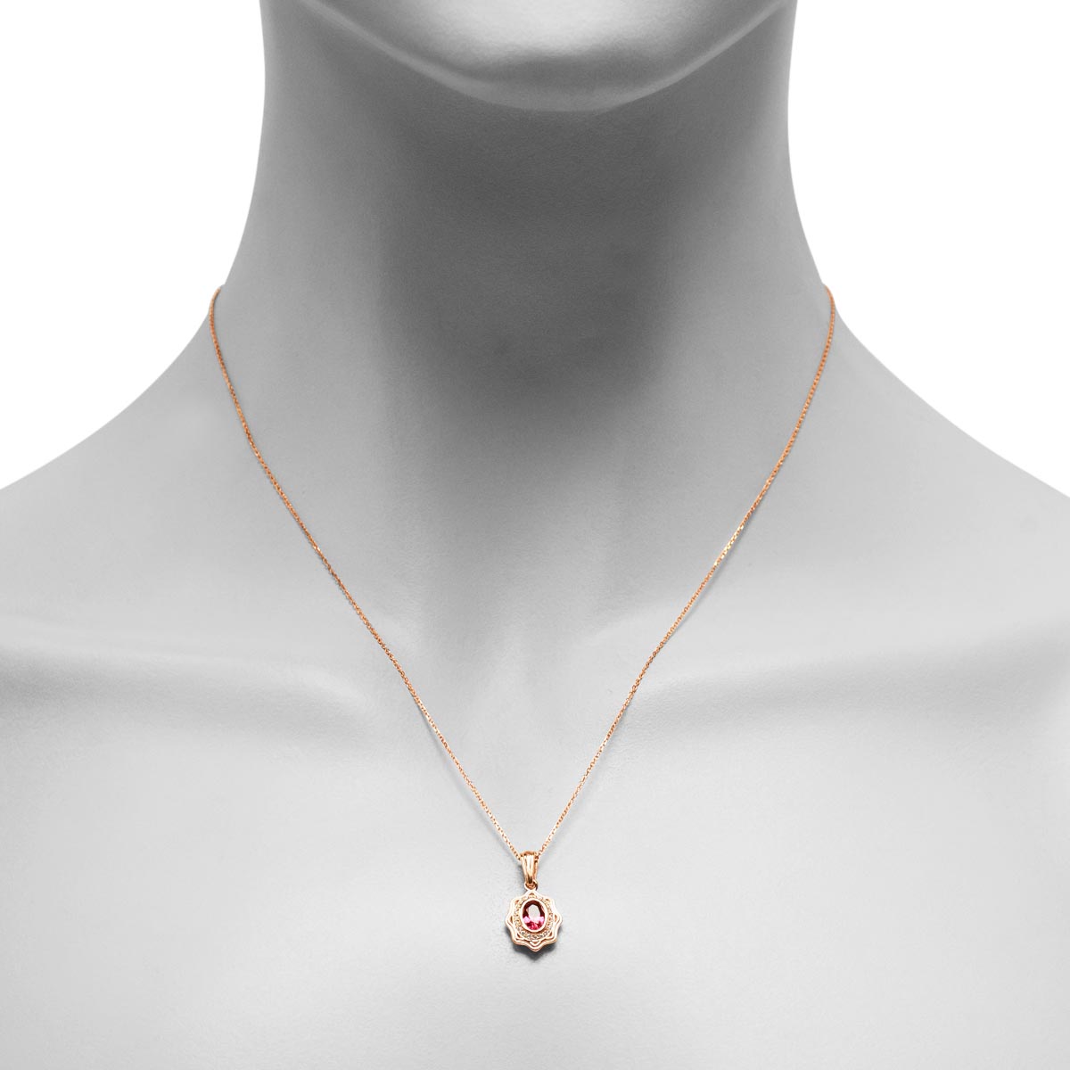 Maine Pink Tourmaline Oval Halo Necklace in 14kt Rose Gold with Diamonds (1/20ct tw)