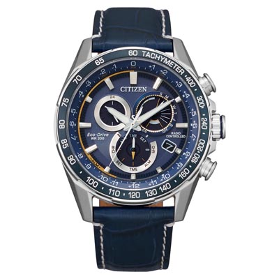 Citizen PCAT Radio Controlled Mens Chronograph Watch with Blue Dial and Blue Leather Strap (eco drive movement)