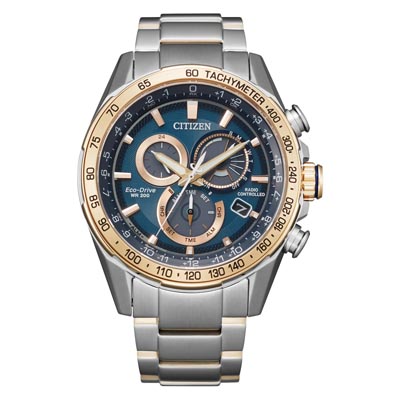 Citizen PCAT Radio Controlled Mens Chronograph Watch with Blue Dial and Stainless Steel and Rose Gold Toned Bracelet (eco drive movement)