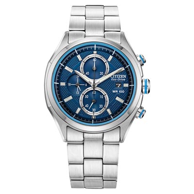 Citizen Weekender Mens Chronograph Watch with Blue Dial and Stainless Steel Bracelet (eco drive movement)