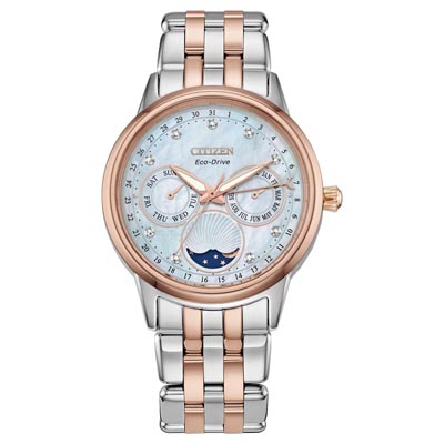 Citizen Calendrier Womens Moonphase Diamond Watch with Mother of Pearl Dial and Stainless Steel and Rose Gold Toned Bracelet (eco drive movement)