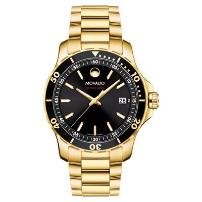 Movado Series 800 Mens Watch with Black Dial and Gold Tone Stainless Steel Bracelet (Swiss quartz movement)