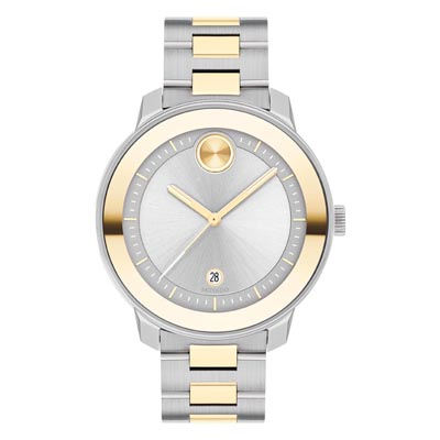 Movado Bold Verso Womens Watch with Yellow Gold Tone Accents on Silver Tone Dial and Yellow Gold Tone Stainless Steel Band (Swiss quartz movement)