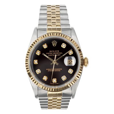 Pre Owned Rolex Oyster Perpetual Datejust with Black Diamond Dial and 18kt Yellow Gold Fluted Bezel and Stainless Steel and 18kt Yellow Gold Jubilee Bracelet (automatic movement)