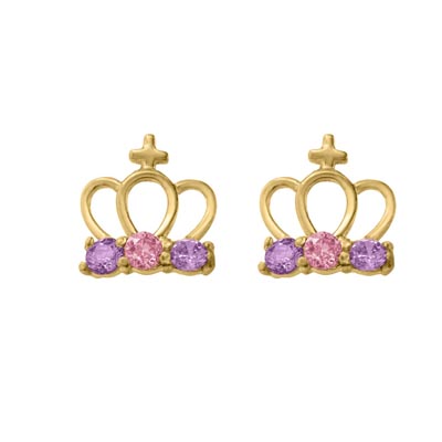Children Purple and Pink Cubic Zirconia Crown Earrings in 14kt Yellow Gold