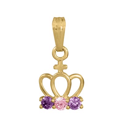 Children Purple and Pink Cubic Zirconia Crown Necklace in 14kt Yellow Gold