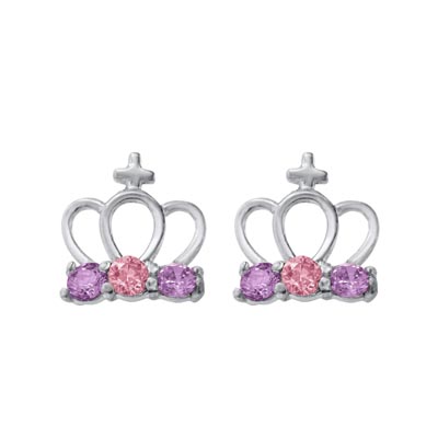 Children Purple and Pink Cubic Zirconia Crown Earrings in Sterling Silver