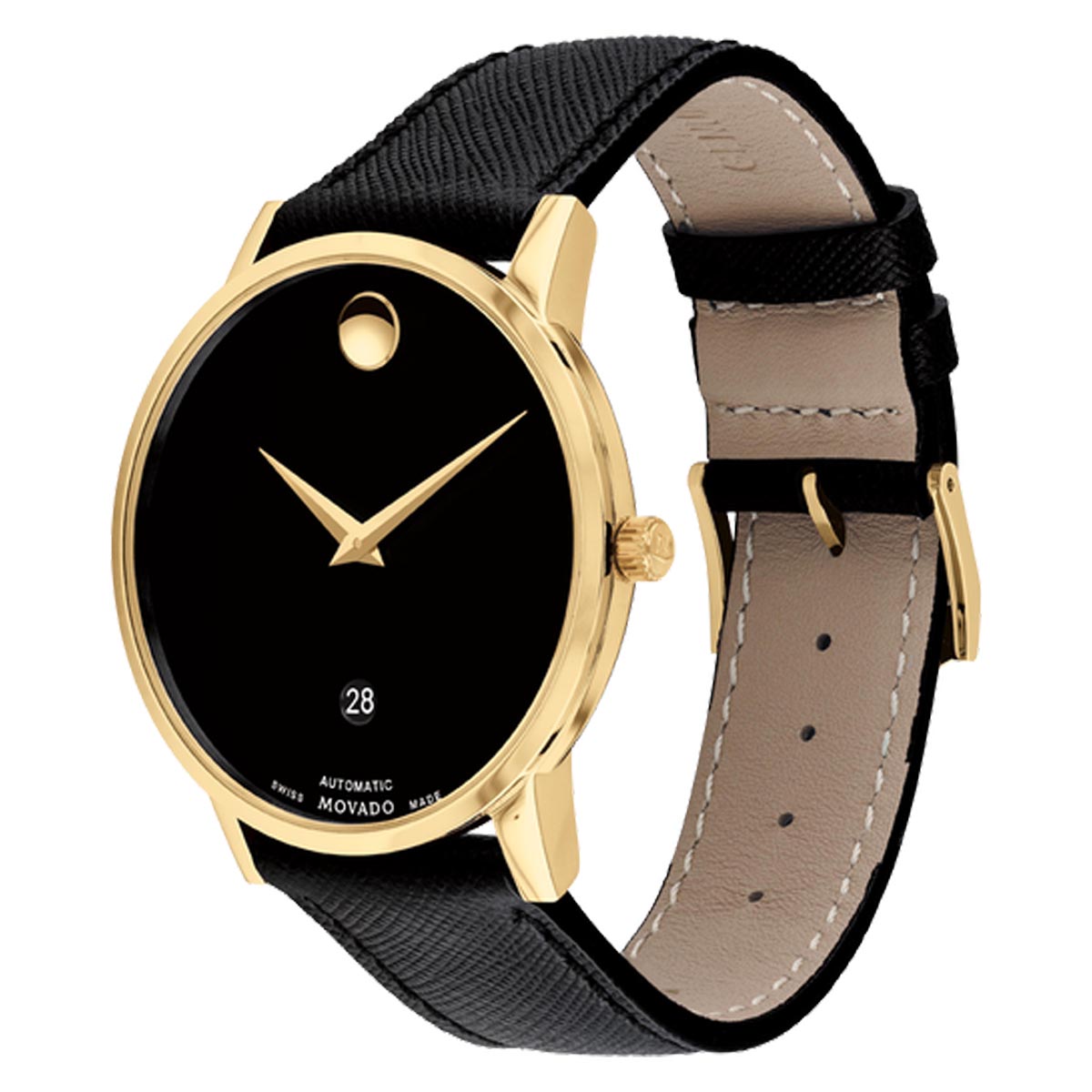 Movado Museum Classic Automatic Mens Watch with Black Dial and Black Leather Strap (Swiss automatic movement)