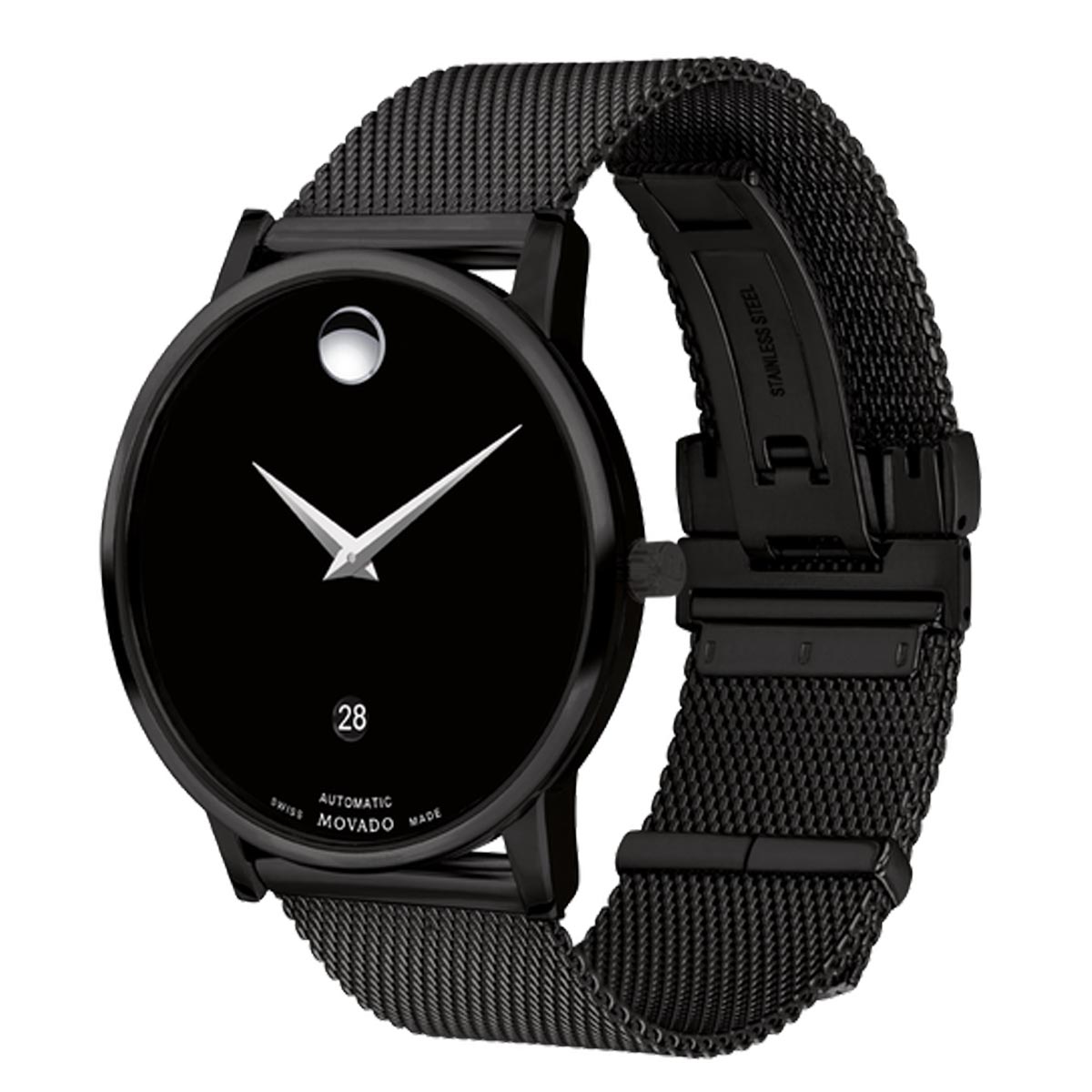 Movado Museum Classic Automatic Mens Watch with Black Dial and Black PVD Mesh Bracelet (Swiss automatic movement)
