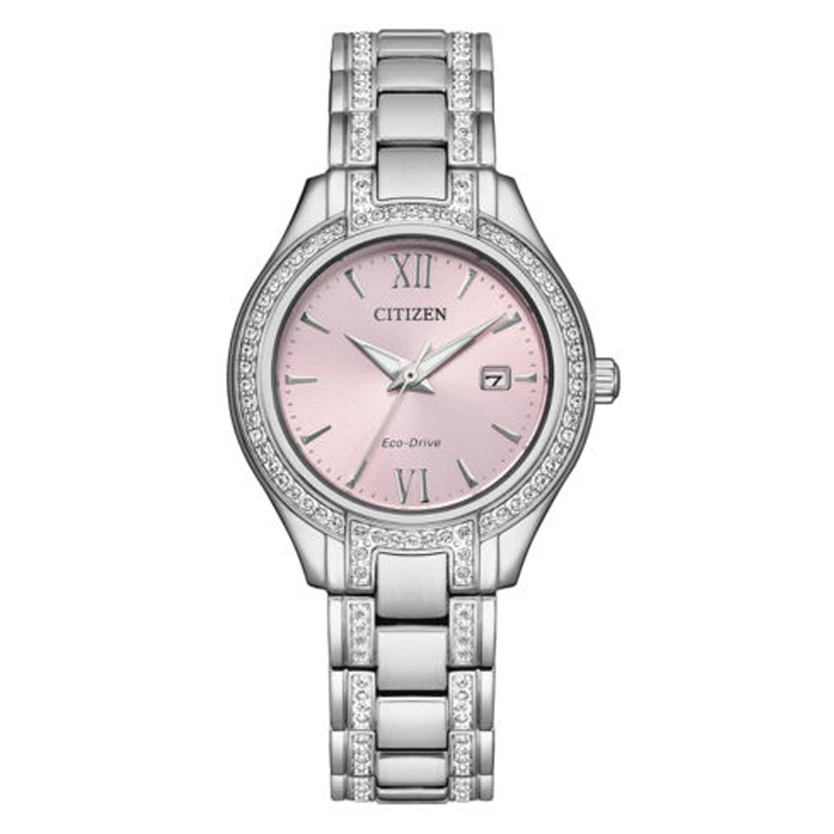 Citizen Silhouette Womens Crystal Watch with Pink Dial and Stainless Steel Bracelet (eco drive movement)