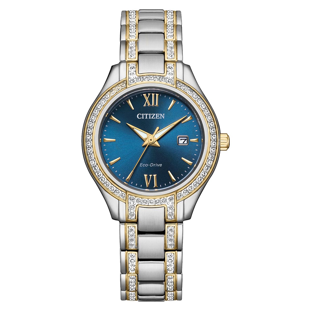 Citizen Silhouette Womens Crystal Watch with Blue Dial and Stainless Steel and Yellow Gold Toned Bracelet (eco drive movement)