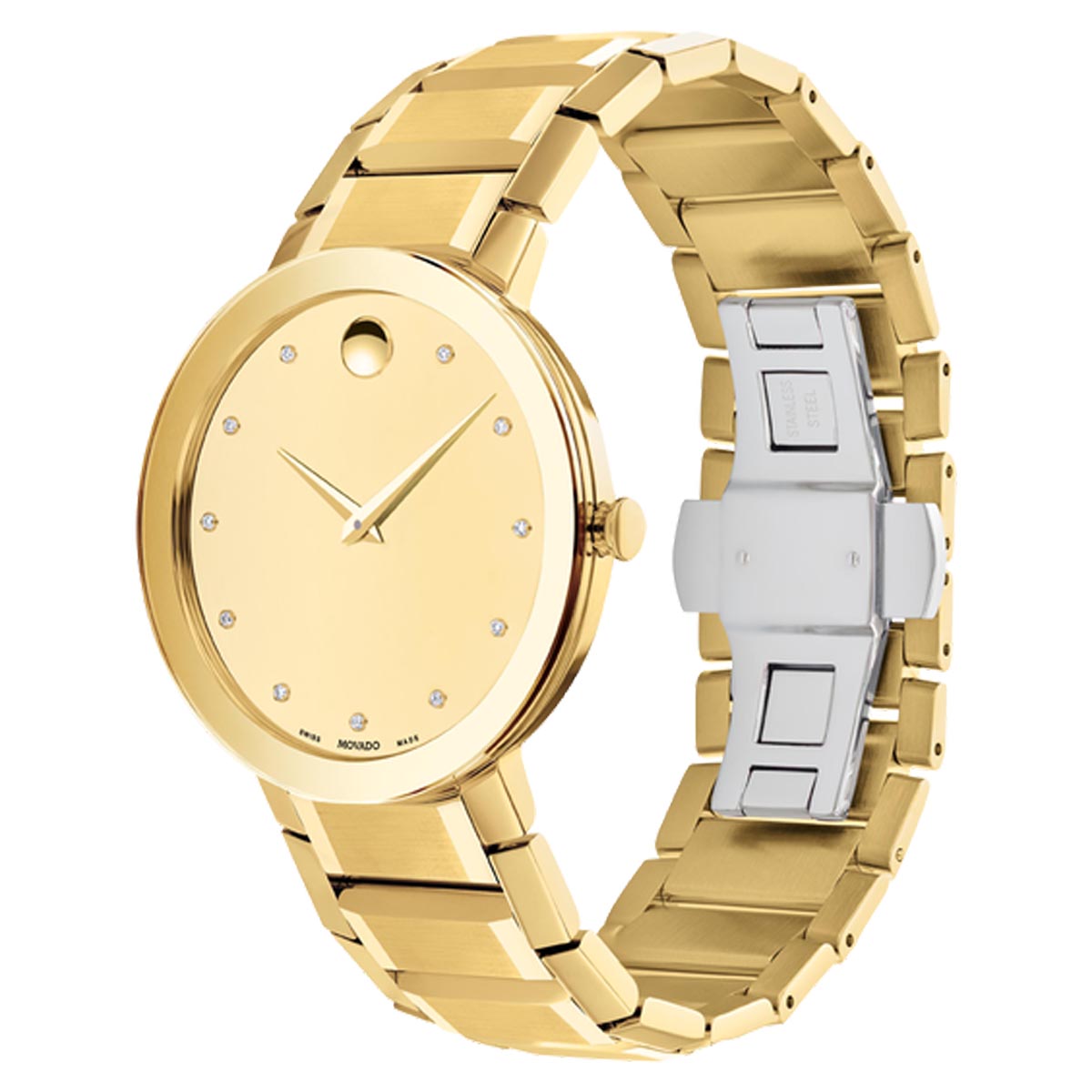 Movado Sapphire Mens Diamond Watch with Yellow Dial and Gold Toned