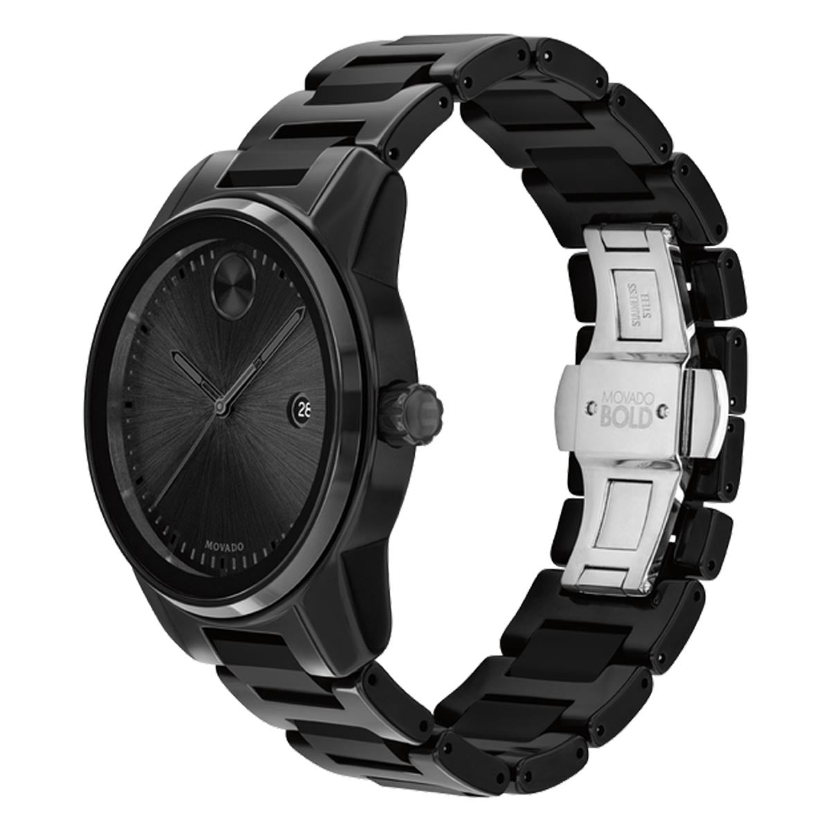 Movado Bold Mens Watch with Black Dial and Black Ceramic Bracelet (Swiss quartz movement)