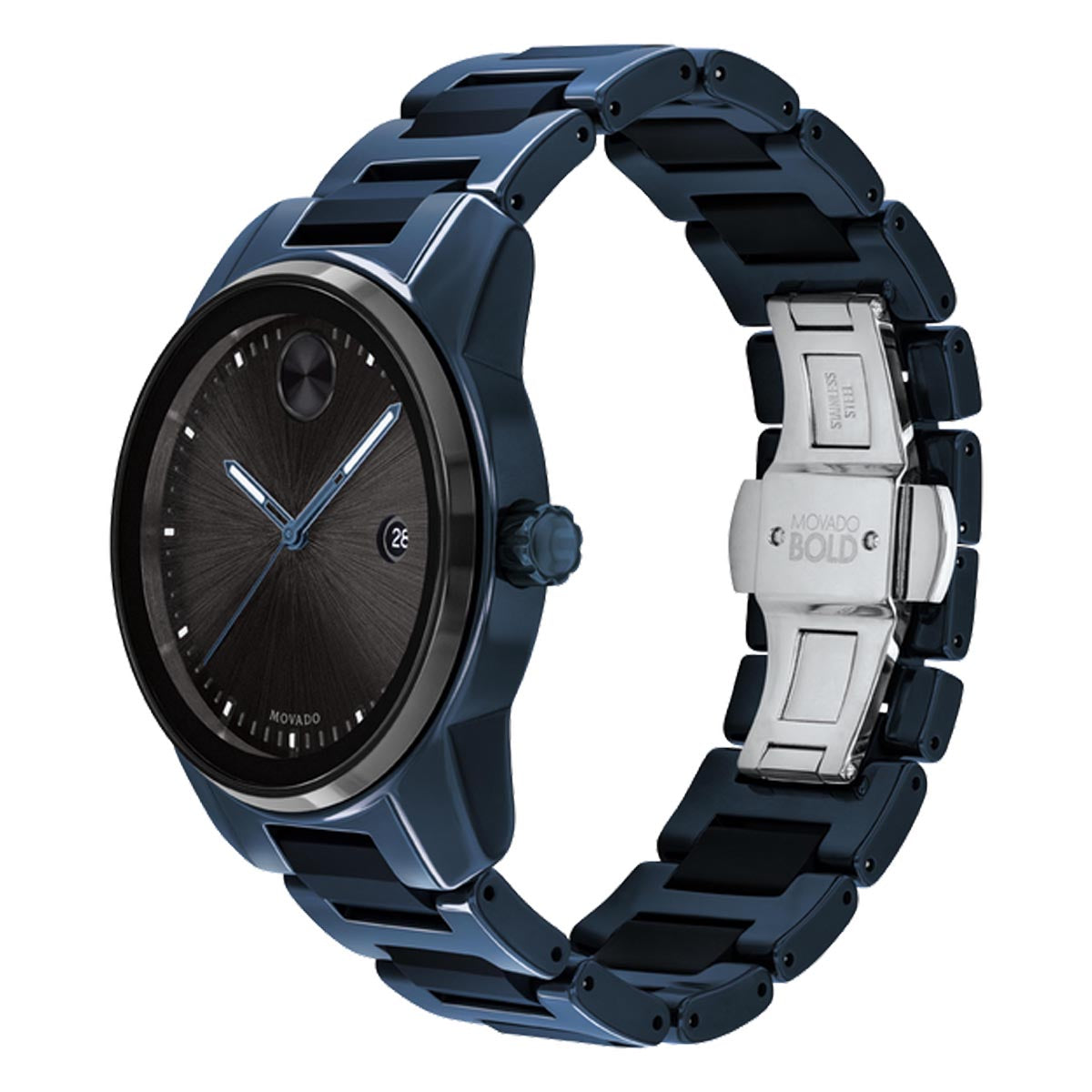 Movado Bold Mens Watch with Black Dial and Blue Ceramic Bracelet (Swiss quartz movement)