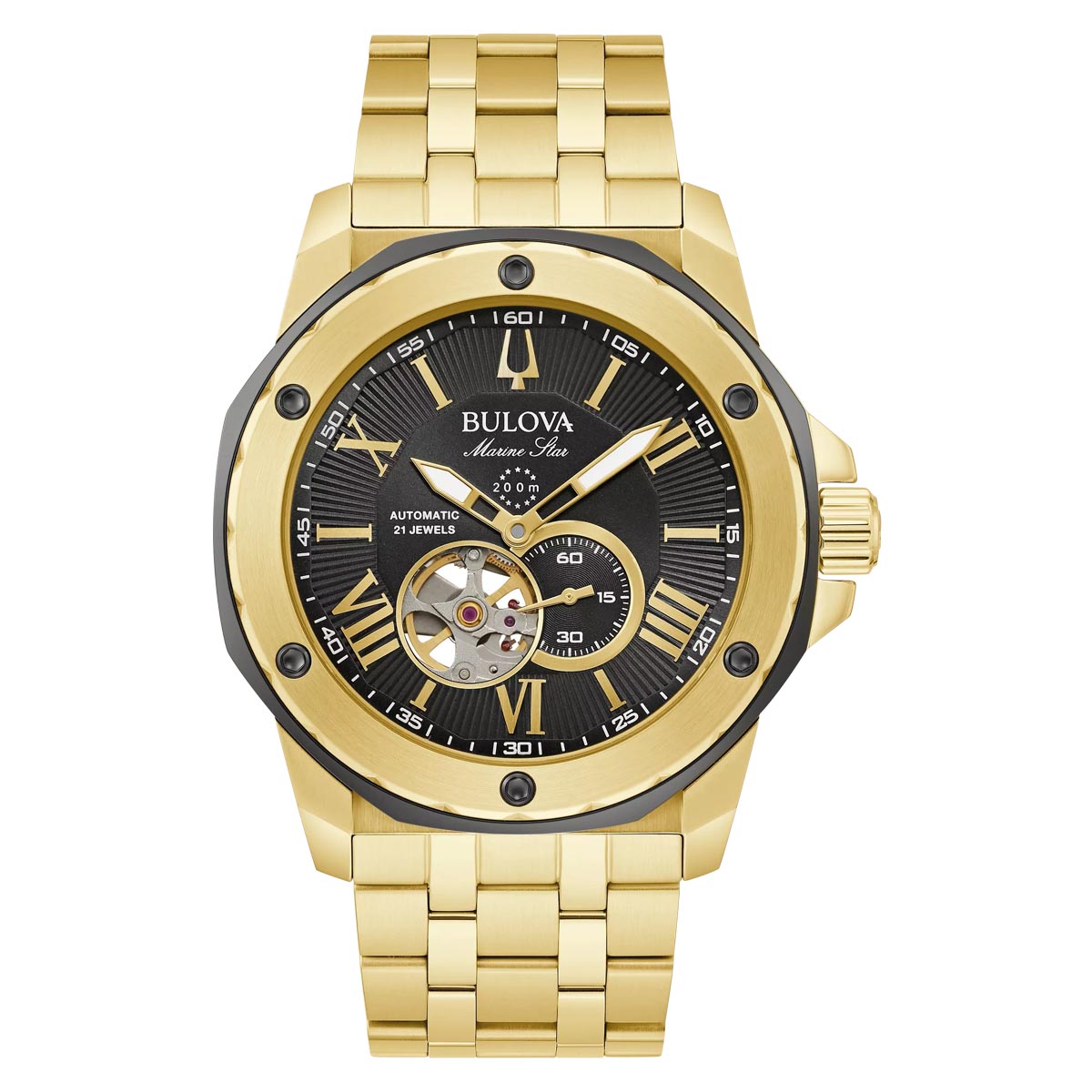 Bulova Marine Star Mens Watch with Black Dial and Yellow Ion Plated Bracelet (automatic movement)