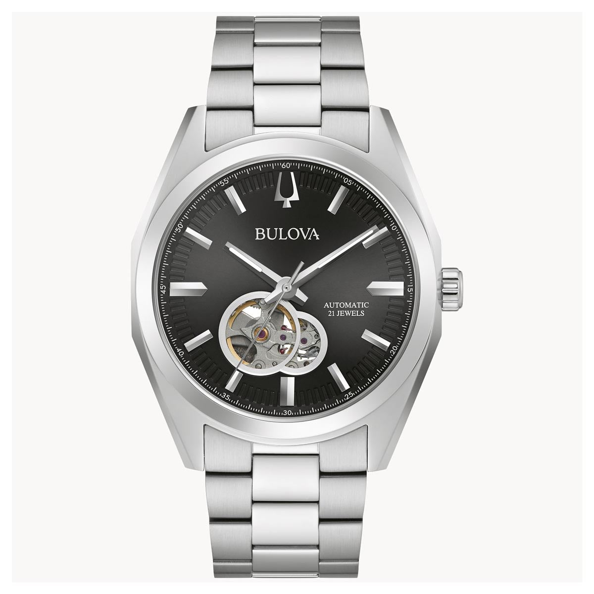 Bulova Surveyor Mens Watch with Black Dial and Stainless Steel Bracelet (automatic movement)