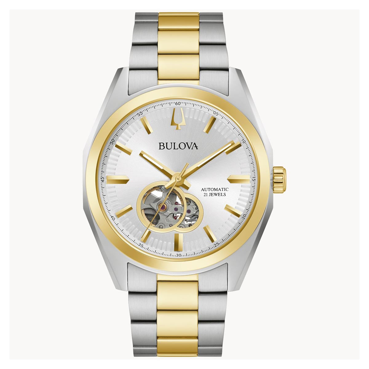 Bulova Surveyor Mens Watch with Silver Toned Dial and Stainless Steel and Yellow Gold Ion Plated Bracelet (automatic movement)
