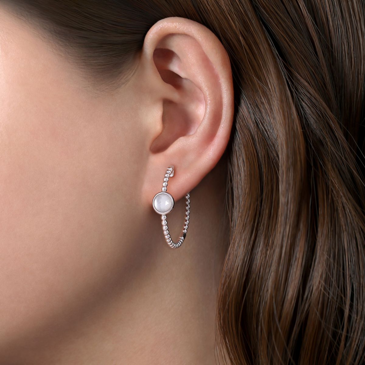 Gabriel Bujukan Collection Mother of Pearl and Rock Crystal Hoop Earrings in Sterling Silver