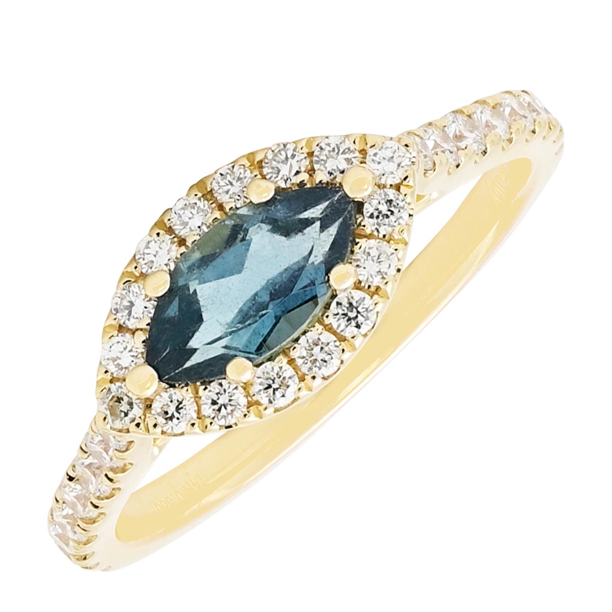 Maine Indicolite Tourmaline East West Marquise Halo Ring in 14kt Yellow Gold with Diamonds (3/8ct tw)