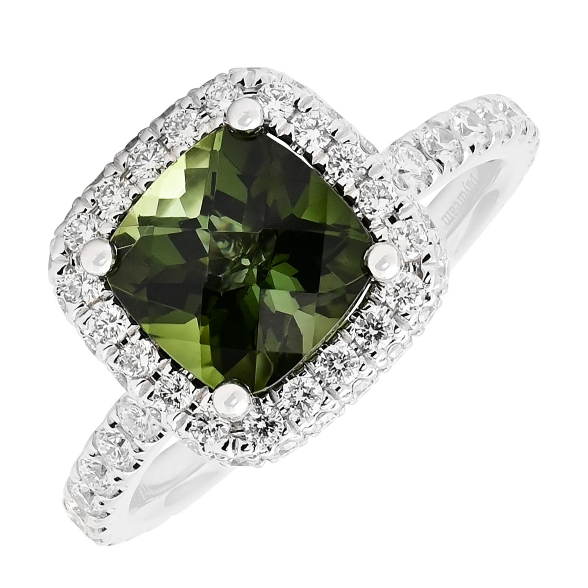 Maine Green Tourmaline Cushion Halo Ring in 14kt White Gold with Diamonds (3/8ct tw)