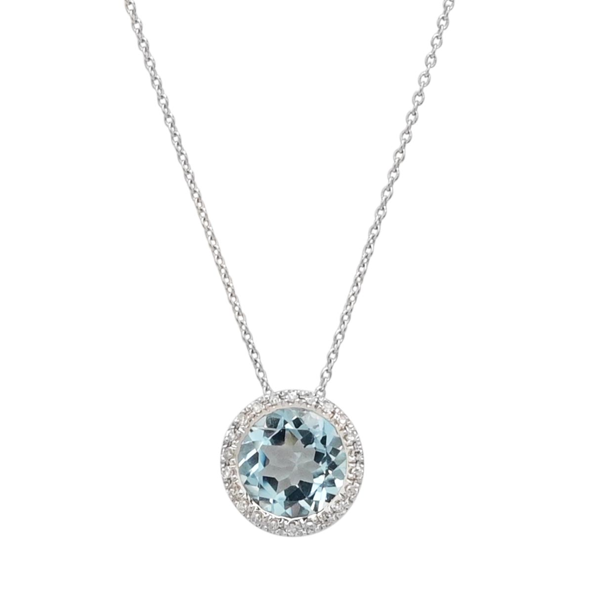 Madison L Blue Topaz Halo Necklace in 14kt White Gold with Diamonds (1/20ct tw)