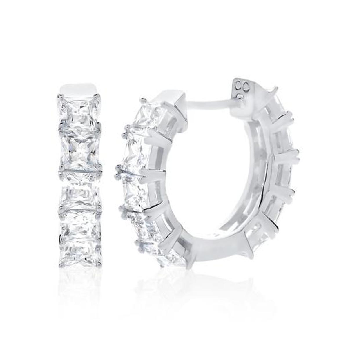 Crislu Cubic Zirconia Princess Cut Huggie Hoop Earrings in Sterling Silver with Platinum Finish