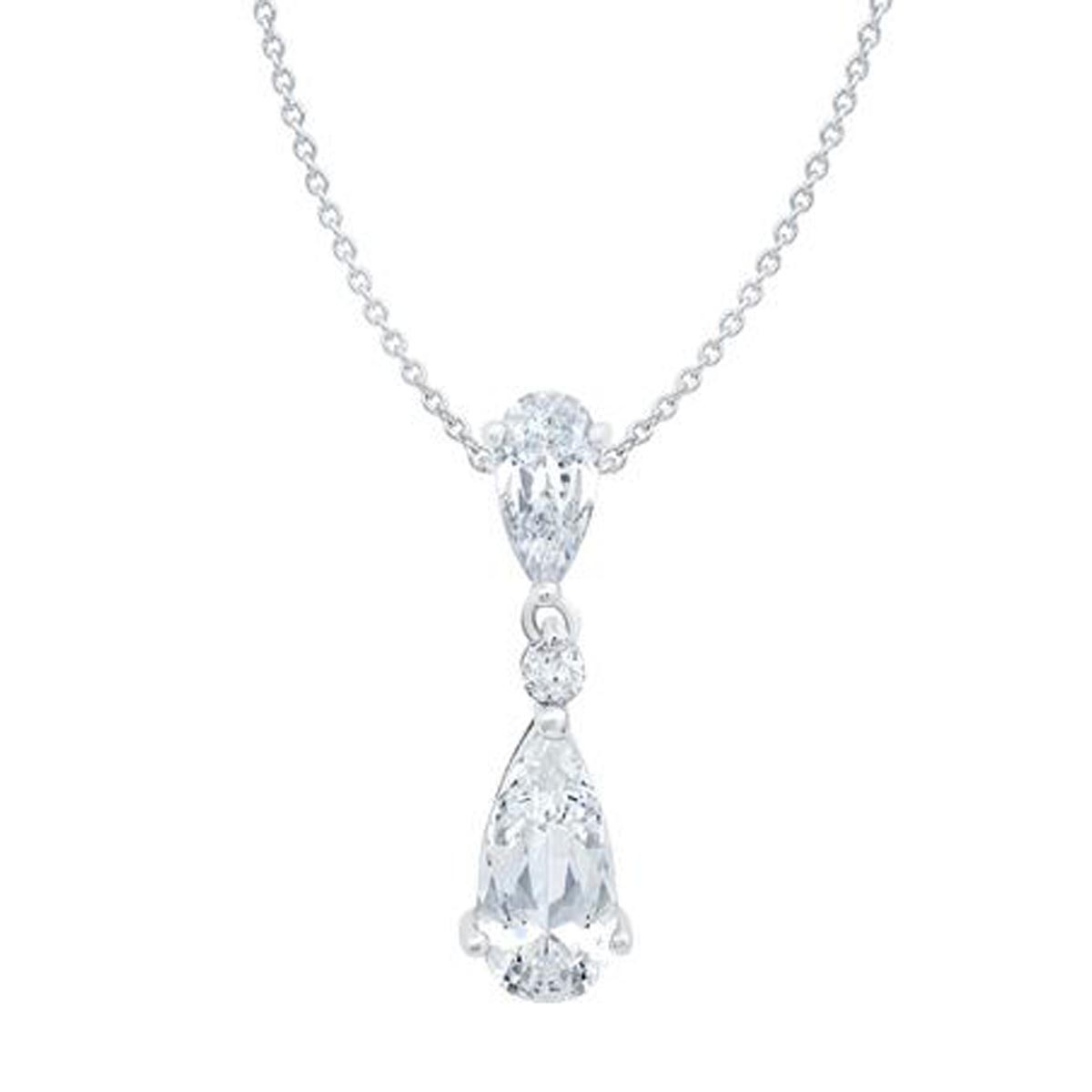 Crislu Cubic Zirconia Double Pear Drop Necklace in Sterling Silver with a Platinum Finish